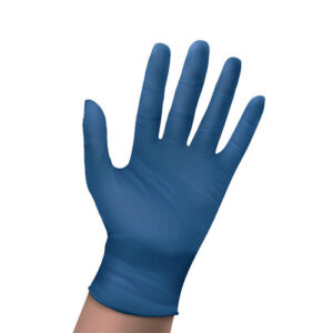 Blue nitrile medical gloves on hands. Vector realistic set of latex or rubber sterile gloves for doctor, surgeon or nurse. Hospital and laboratory equipment for protection against virus and infection